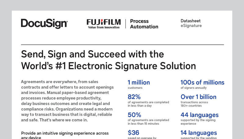 Digital signature and electronic signing datasheet for DocuSign. FUJIFILM Process Automation - Your local NZ DocuSign vendor